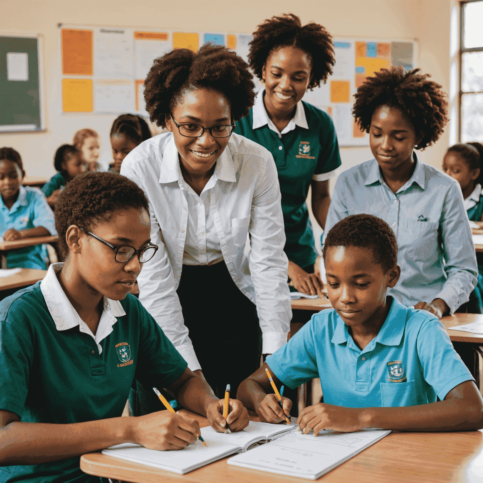 A diverse group of South African students and volunteers collaborating in a bright, modern classroom setting. The image showcases students of various ages engaged in learning activities while volunteers provide guidance and support.