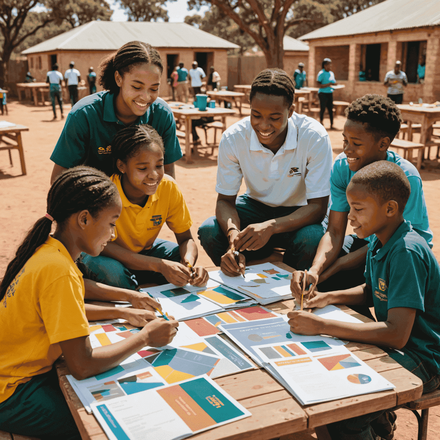 A group of diverse South African students and volunteers collaborating on a community education project, with colorful educational materials spread out on tables in an outdoor setting