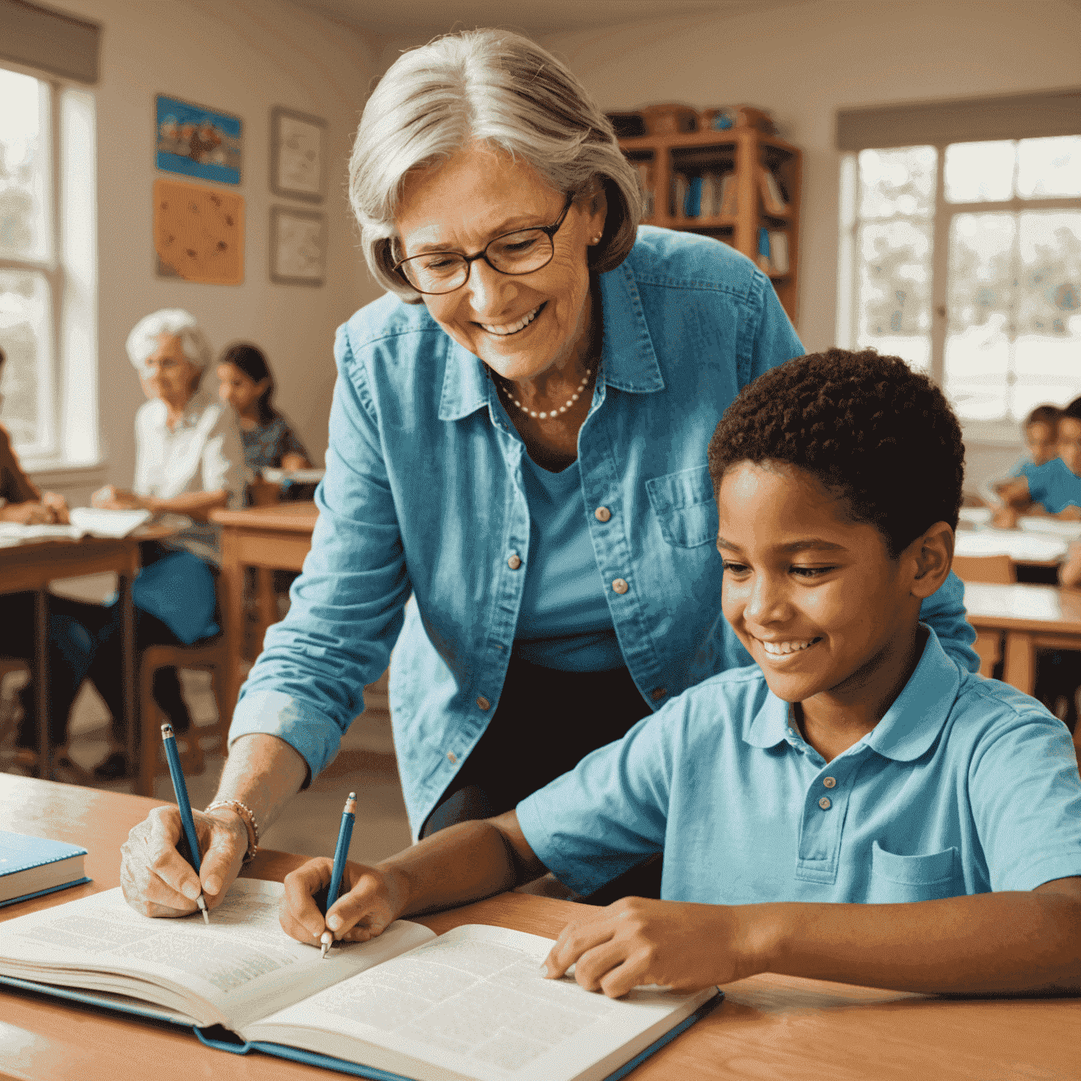 A retired teacher sitting next to a young student, pointing at a textbook and explaining a concept. Both are smiling and engaged in the learning process.