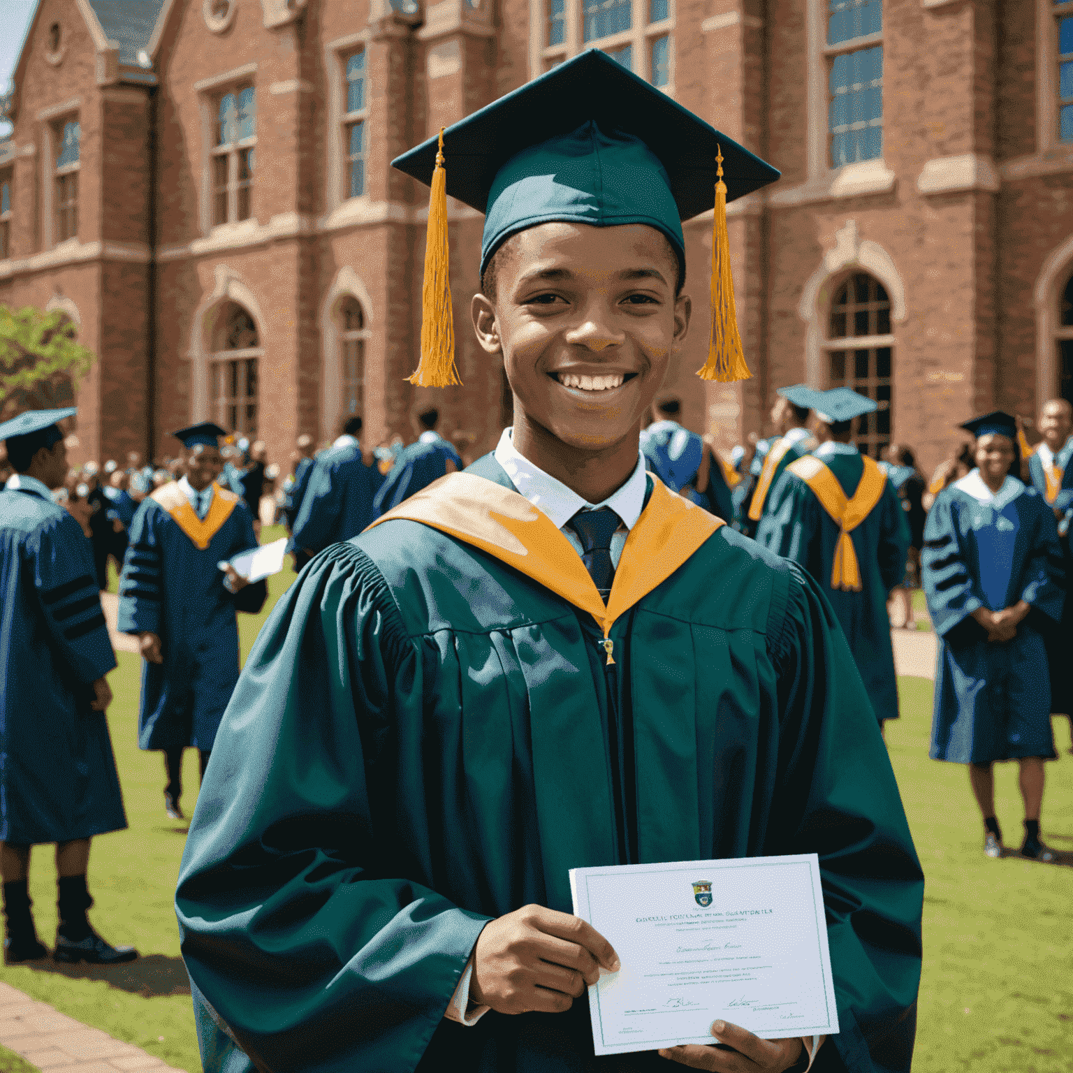 A young South African student wearing a graduation gown, smiling proudly with their diploma in hand. The background shows a university campus.