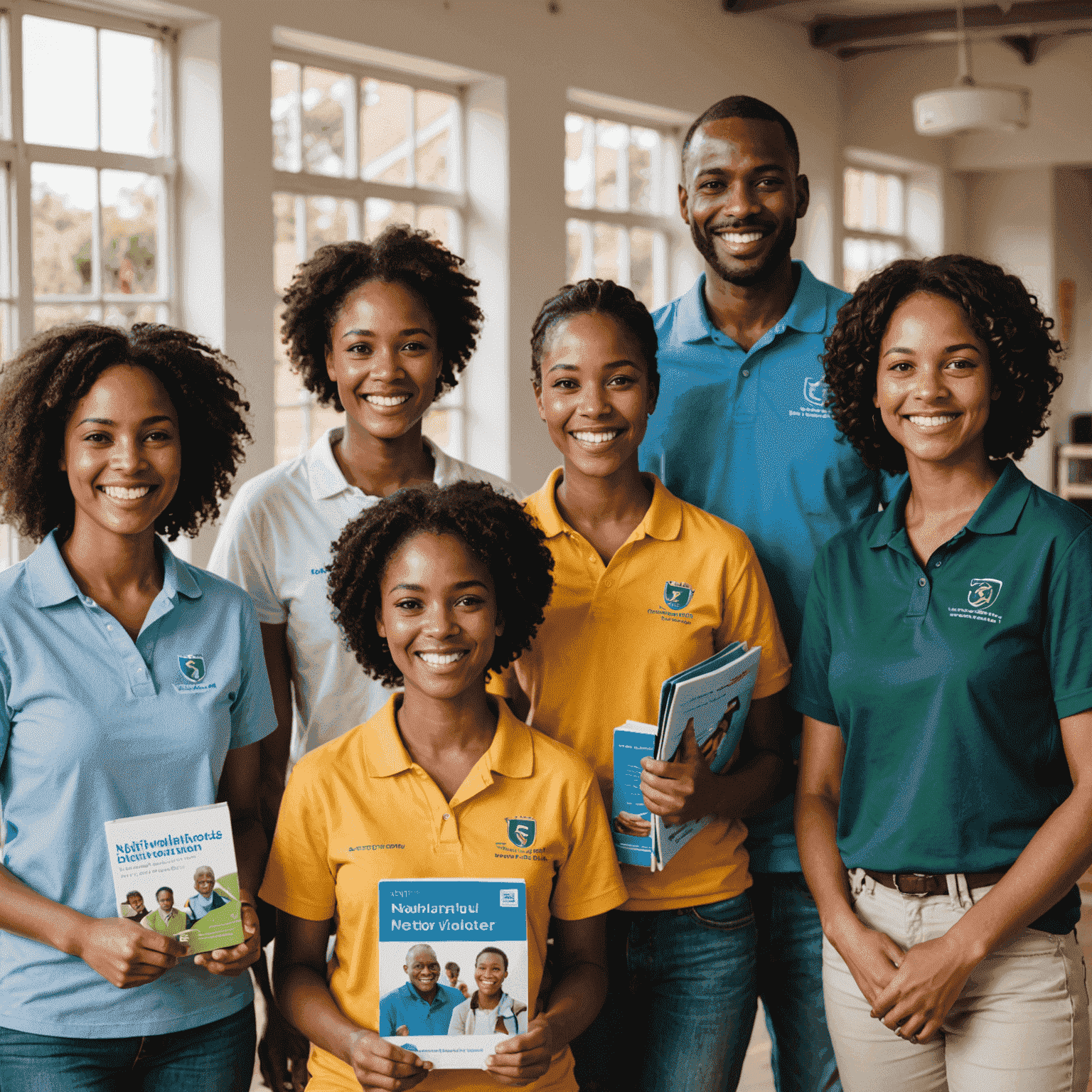 A diverse group of smiling volunteers holding educational materials, ready to tutor and mentor students across South Africa