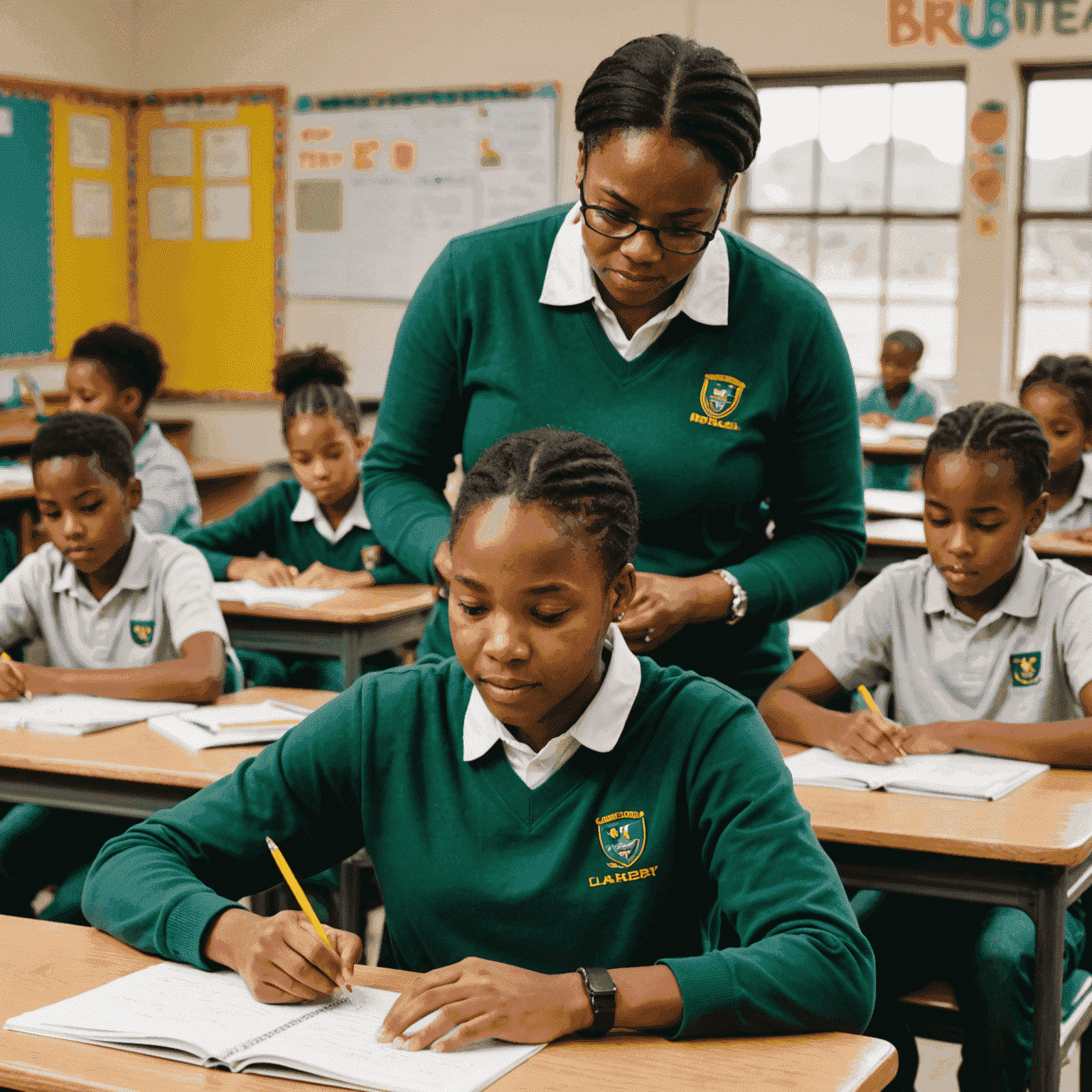 A diverse group of South African volunteers tutoring and mentoring students in a bright, welcoming classroom setting. Students and mentors are engaged in various educational activities, showcasing the positive impact of community involvement in education.
