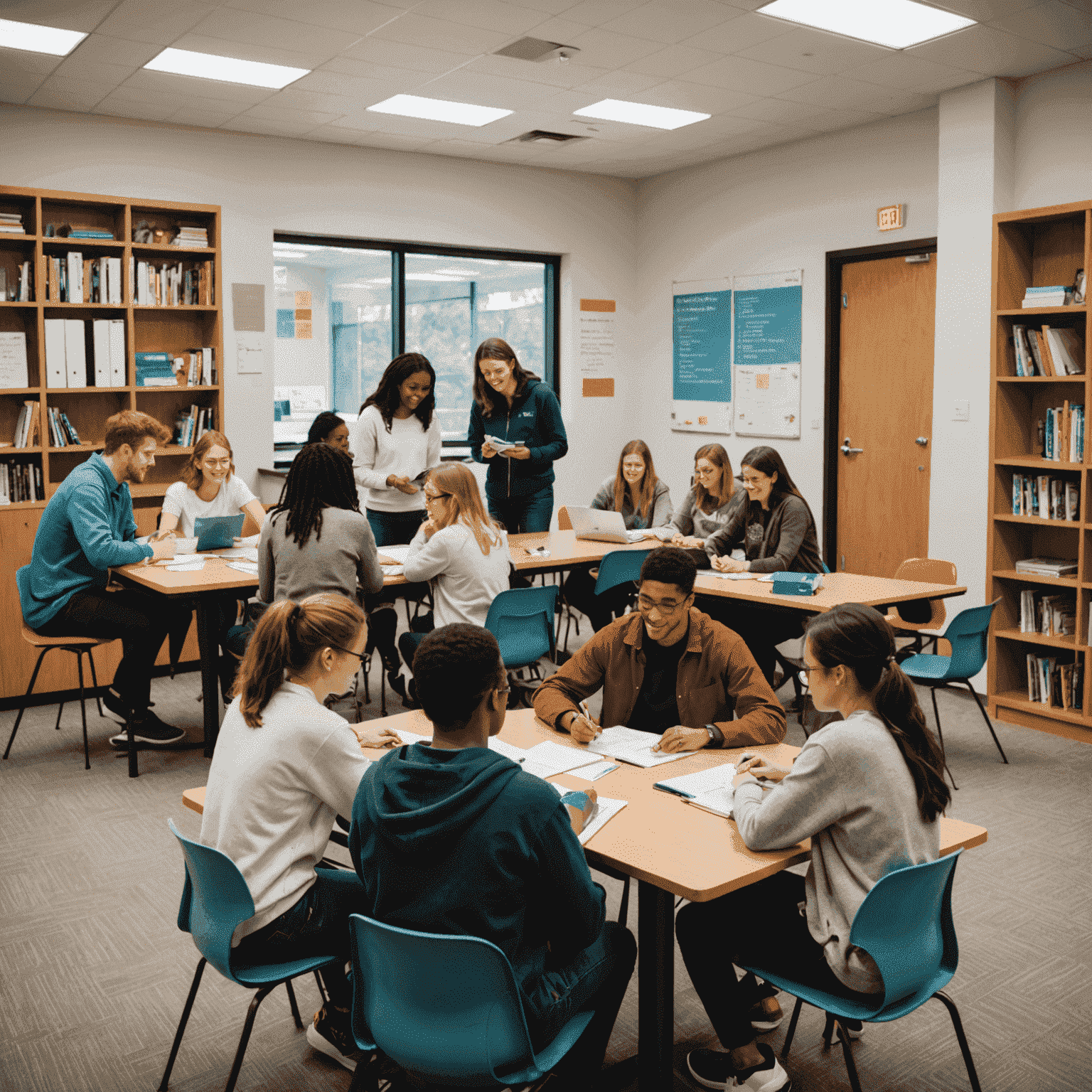 A diverse group of students and volunteers collaborating in a bright, welcoming study space. Students are engaged in various subjects with their mentors, showcasing the personalized matching process.