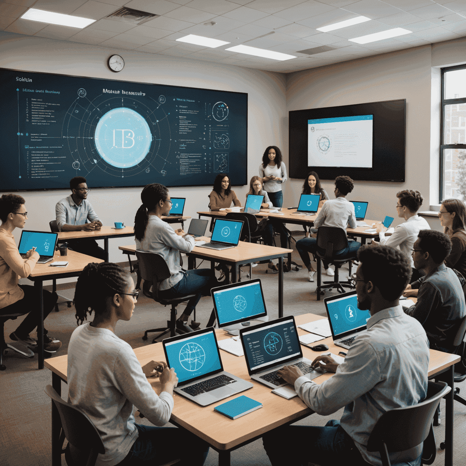 A diverse group of students and tutors interacting in a virtual classroom environment, with screens showing various subjects like math, science, and literature