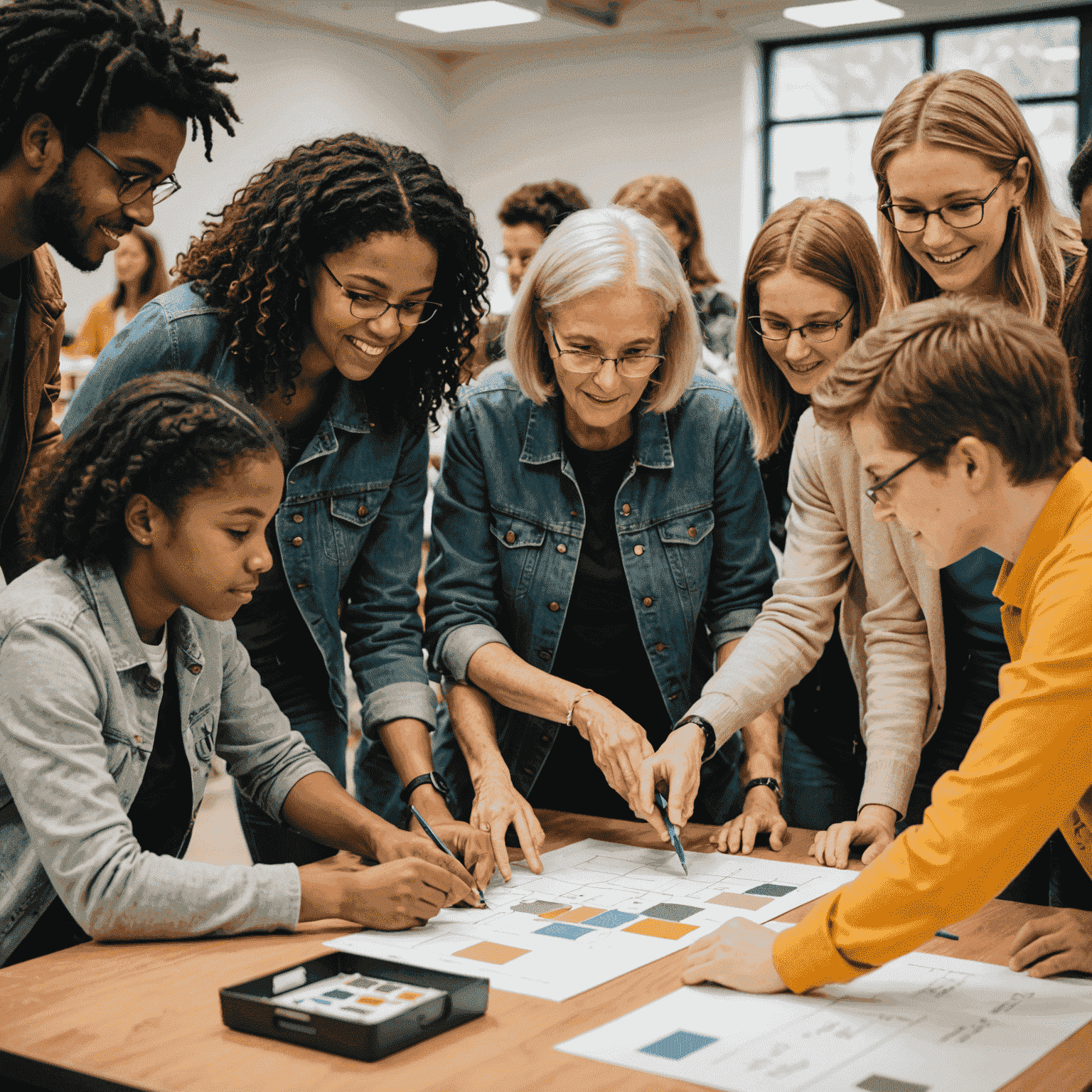A diverse group of students and volunteers engaged in a hands-on workshop, working together on a project. The image shows people of different ages and backgrounds collaborating in a bright, welcoming community space.