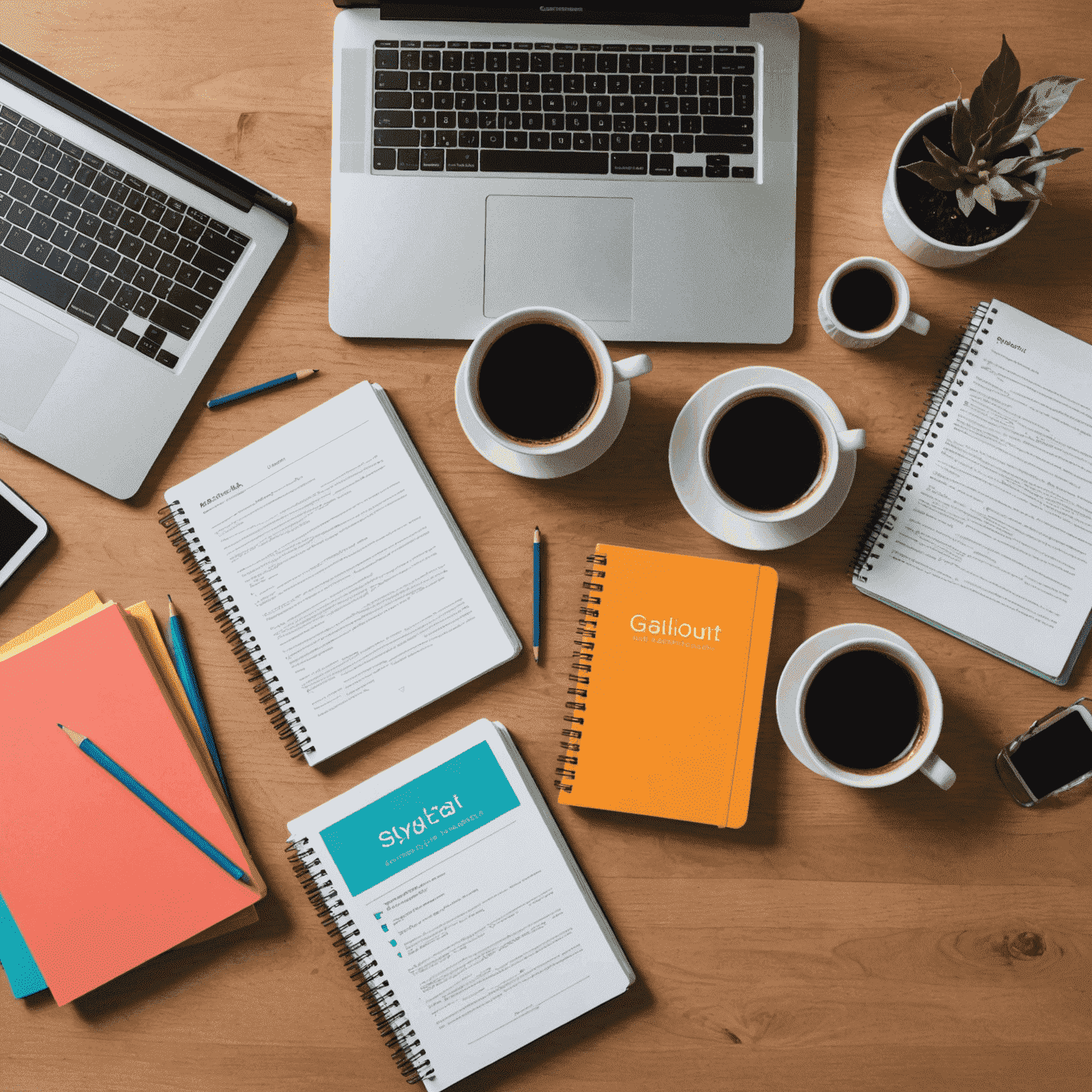 A collection of colorful study guides for various subjects, neatly arranged on a desk with a laptop and a cup of coffee nearby