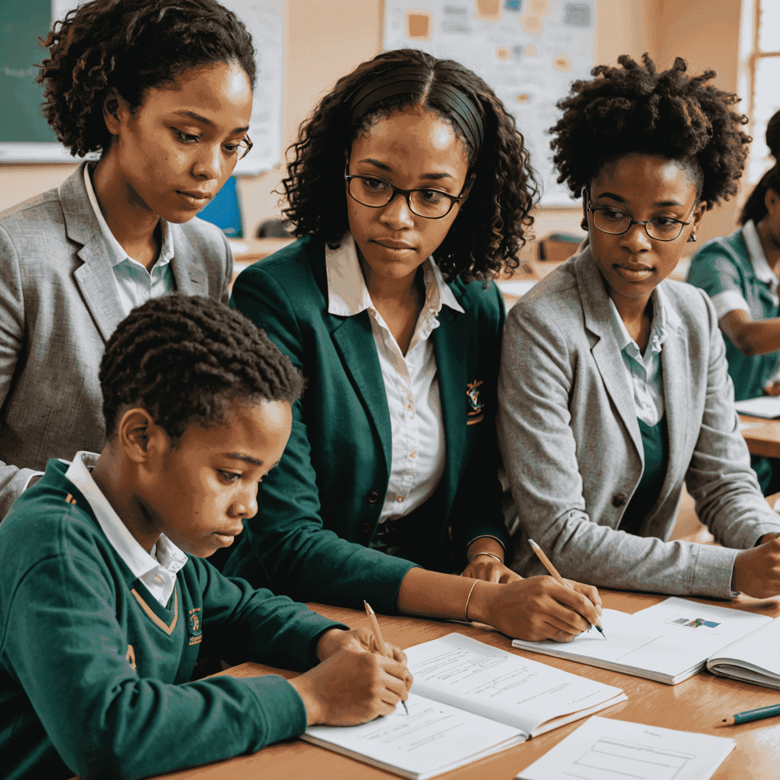 Group of diverse South African students and teachers collaborating on a community education project, showcasing new learning methods and technologies