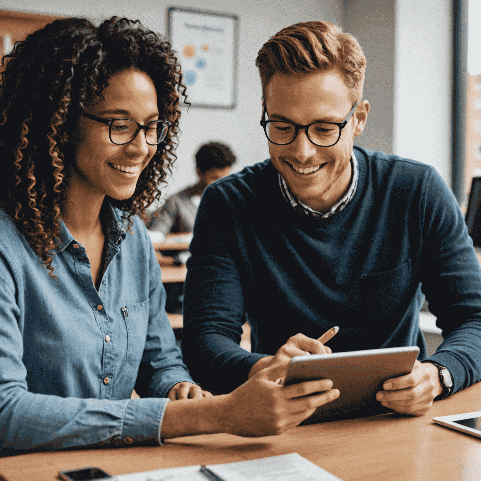 A mentor and student engaged in an online LearnBridge session, with the student visibly excited as they discuss career possibilities on a tablet screen