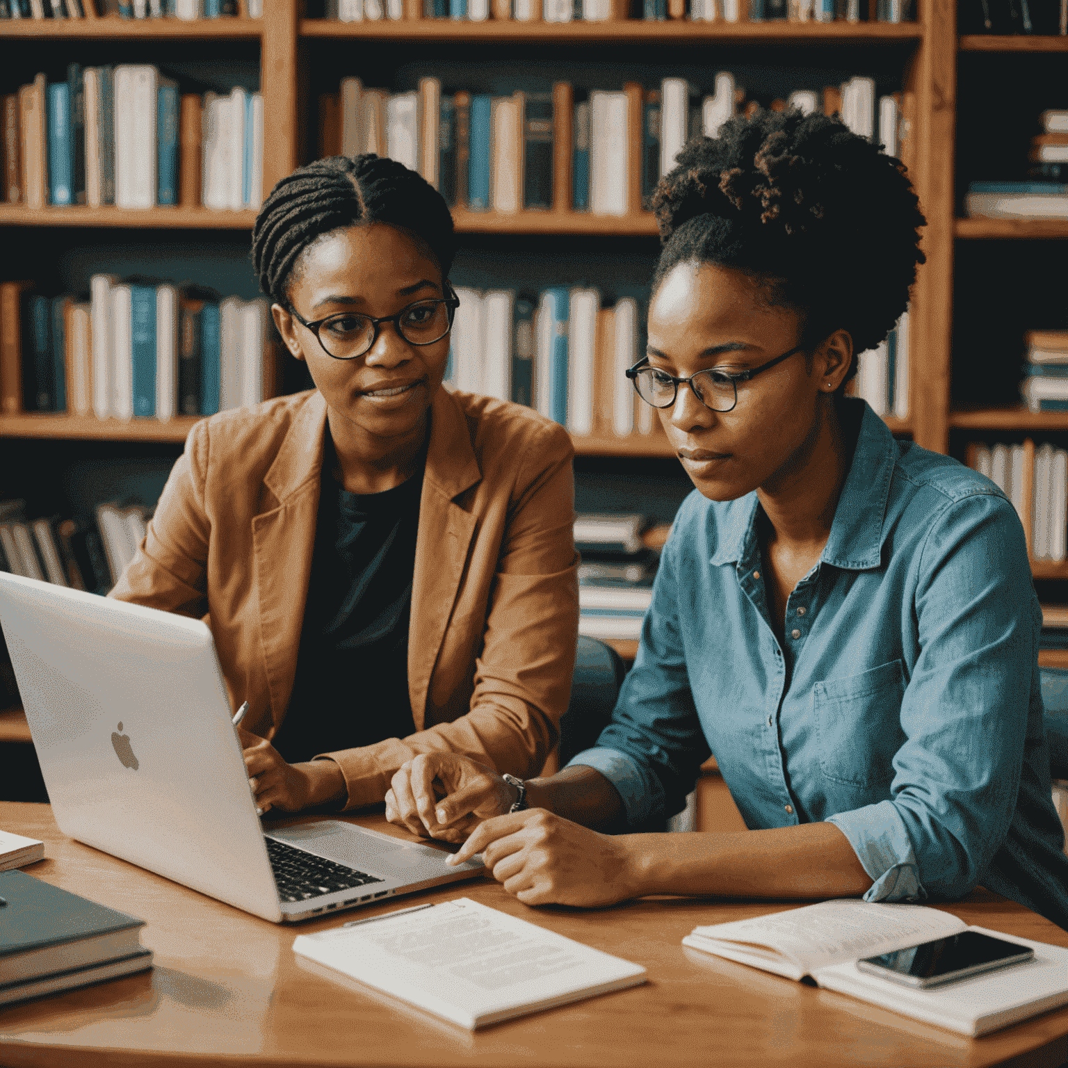 A South African student and her mentor sitting at a table, surrounded by books and a laptop. They are engaged in discussion, with the mentor pointing at something on the screen.