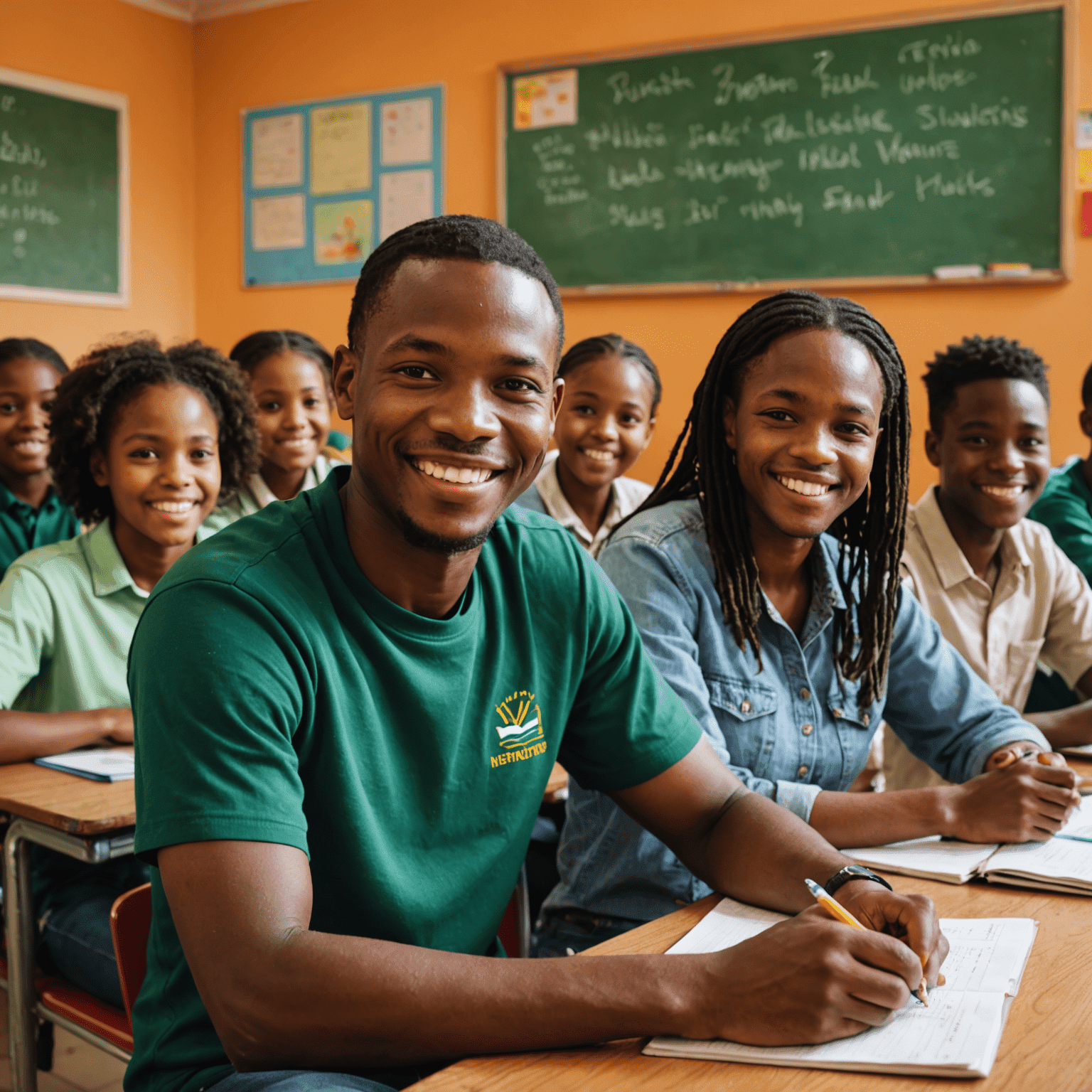 A smiling South African volunteer mentor, Themba Nkosi, sitting with a group of engaged students in a colorful classroom. The image captures the warm and supportive atmosphere of the mentoring relationship.