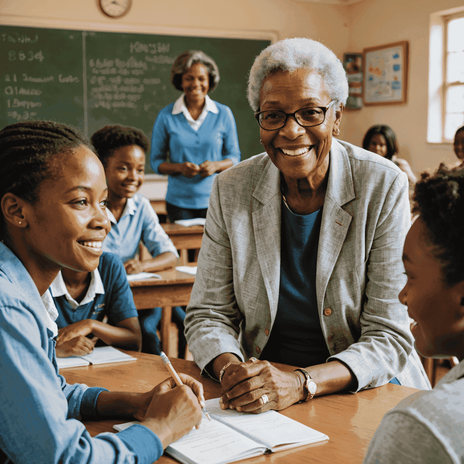 Smiling retired teacher mentoring a group of eager South African students in a bright, welcoming classroom setting