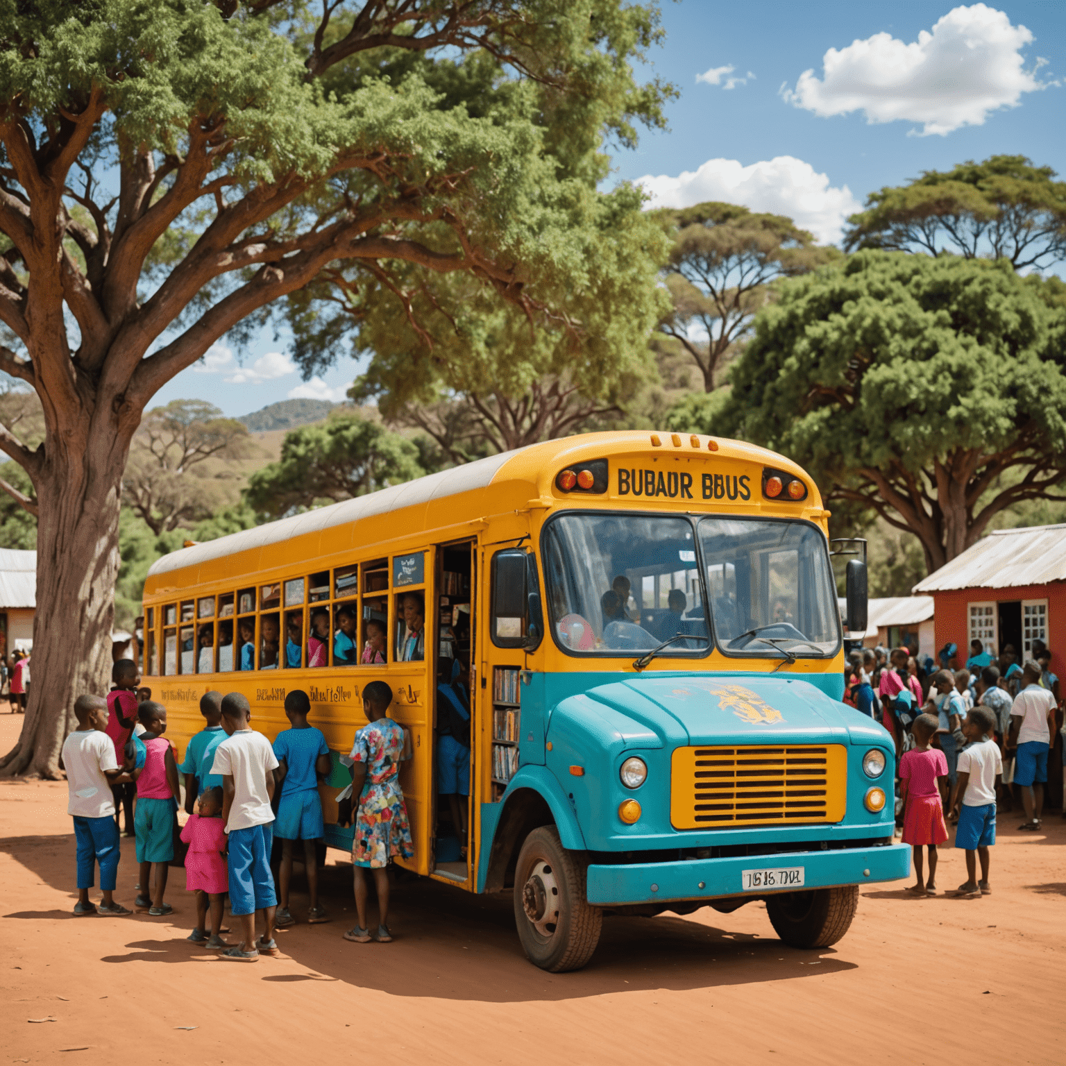 A colorfully painted mobile library bus parked in a rural South African village, with excited children lining up to borrow books and use digital learning resources