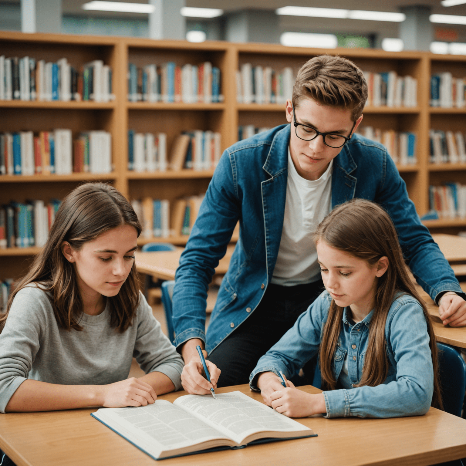 A university student sitting at a table with two younger pupils, all looking at textbooks. The setting is a community library with bookshelves in the background.