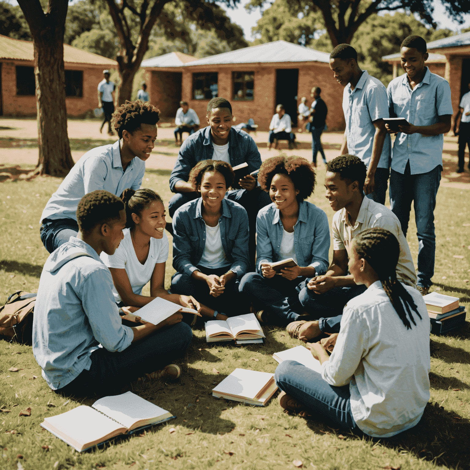A diverse group of South African students sitting in a circle outdoors, engaged in a lively discussion. Books and notebooks are scattered around them.
