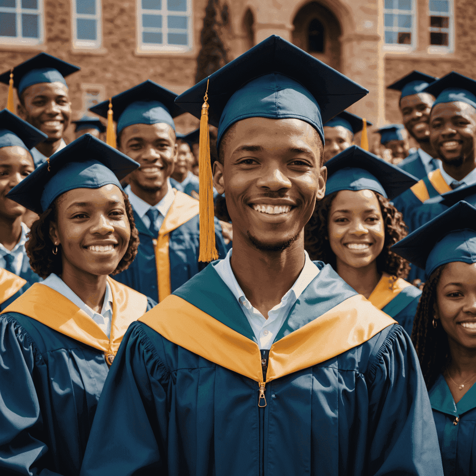 Proud South African student in graduation attire, surrounded by supportive community members and mentors, celebrating academic achievement
