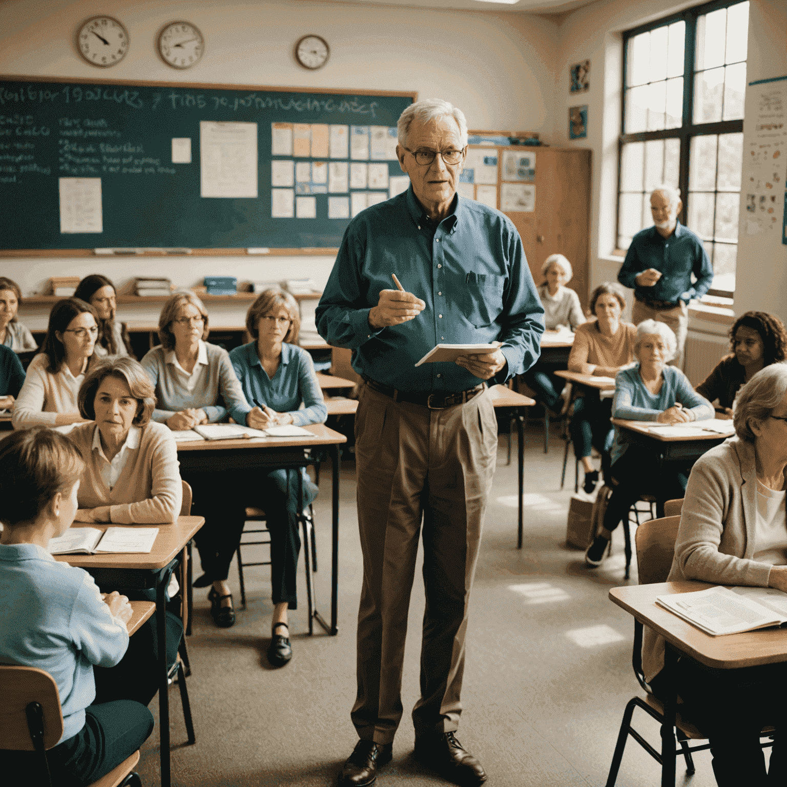 A retired principal standing at the front of a classroom, leading a workshop for a group of attentive teachers. The room is filled with educational posters and teaching materials.