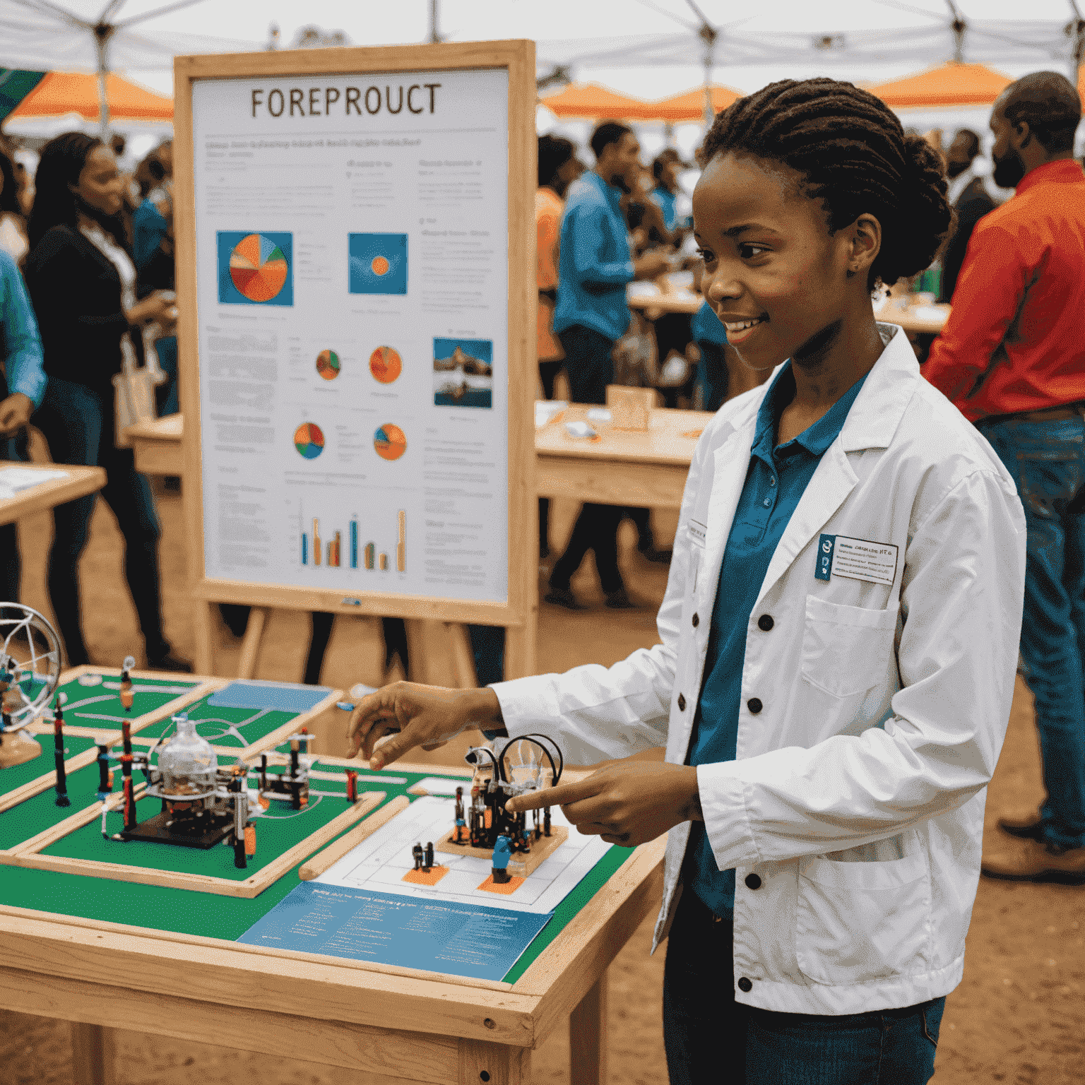 A confident young South African student presenting her science project at a fair. Her display board shows a complex experiment, and she's gesturing enthusiastically as she explains her findings.