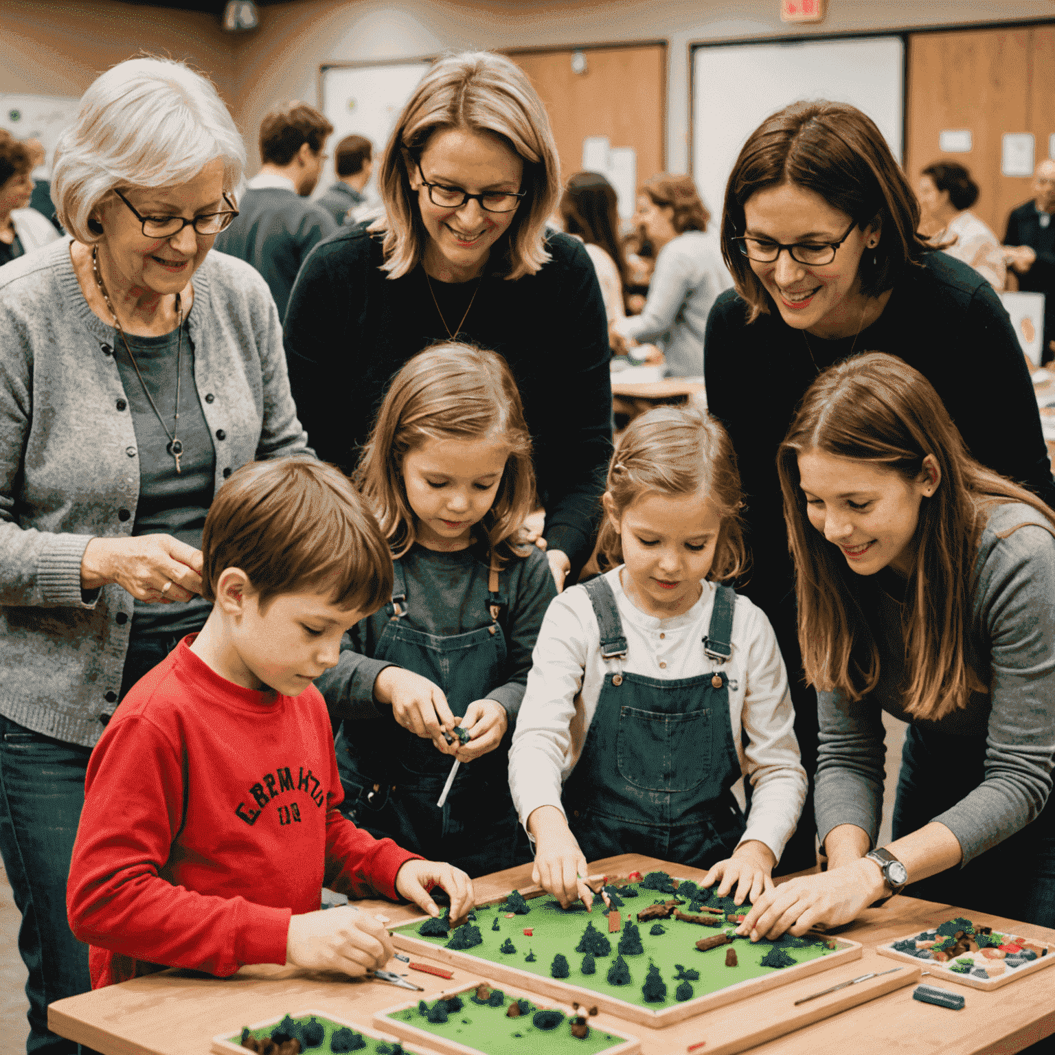 A lively community workshop scene with participants of all ages engaged in hands-on learning activities