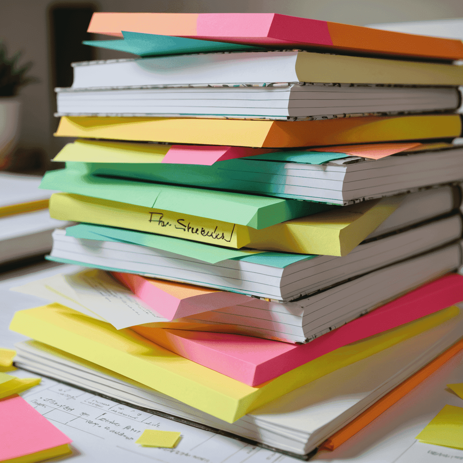 A stack of research papers on various topics, with highlighters and sticky notes indicating active study
